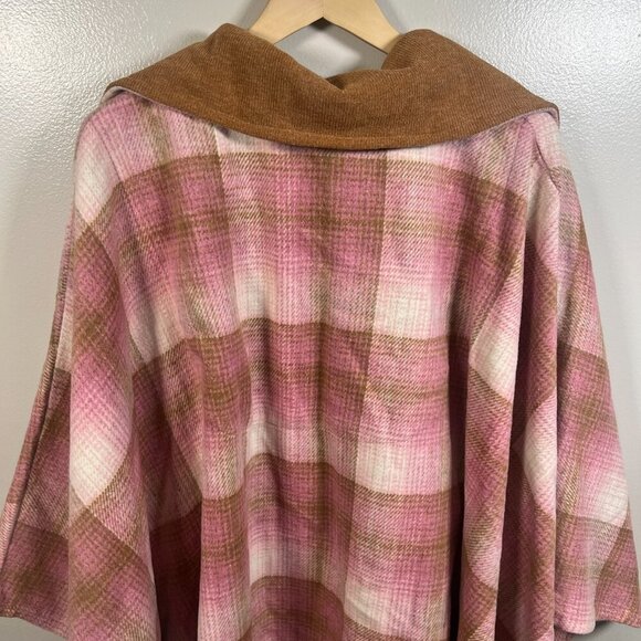 Free People Woodstock Brushed Plaid Poncho Cape Pink Brown One Size Fall Cozy - Picture 6 of 10